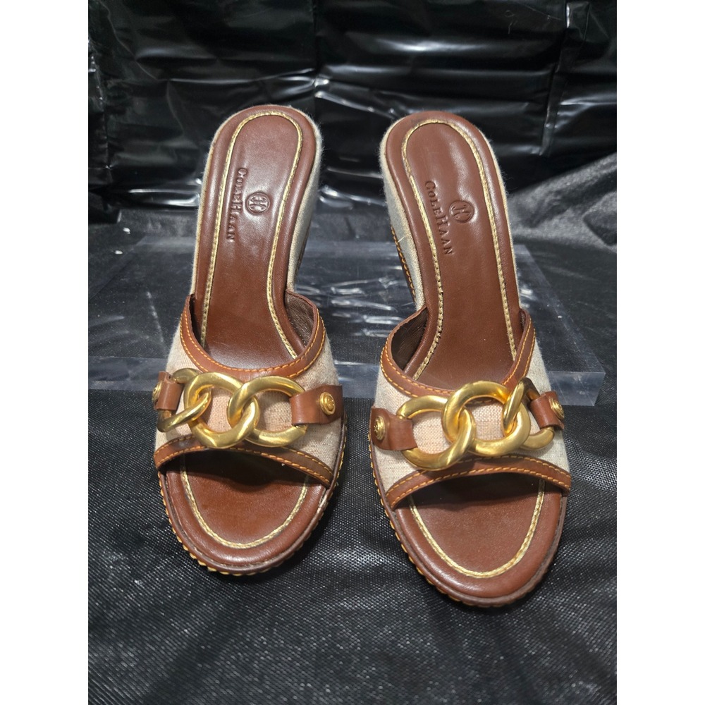 Cole Haan Canvas Leather Wedge Sandals Gold Chain Link Slide Mules Brown Tan